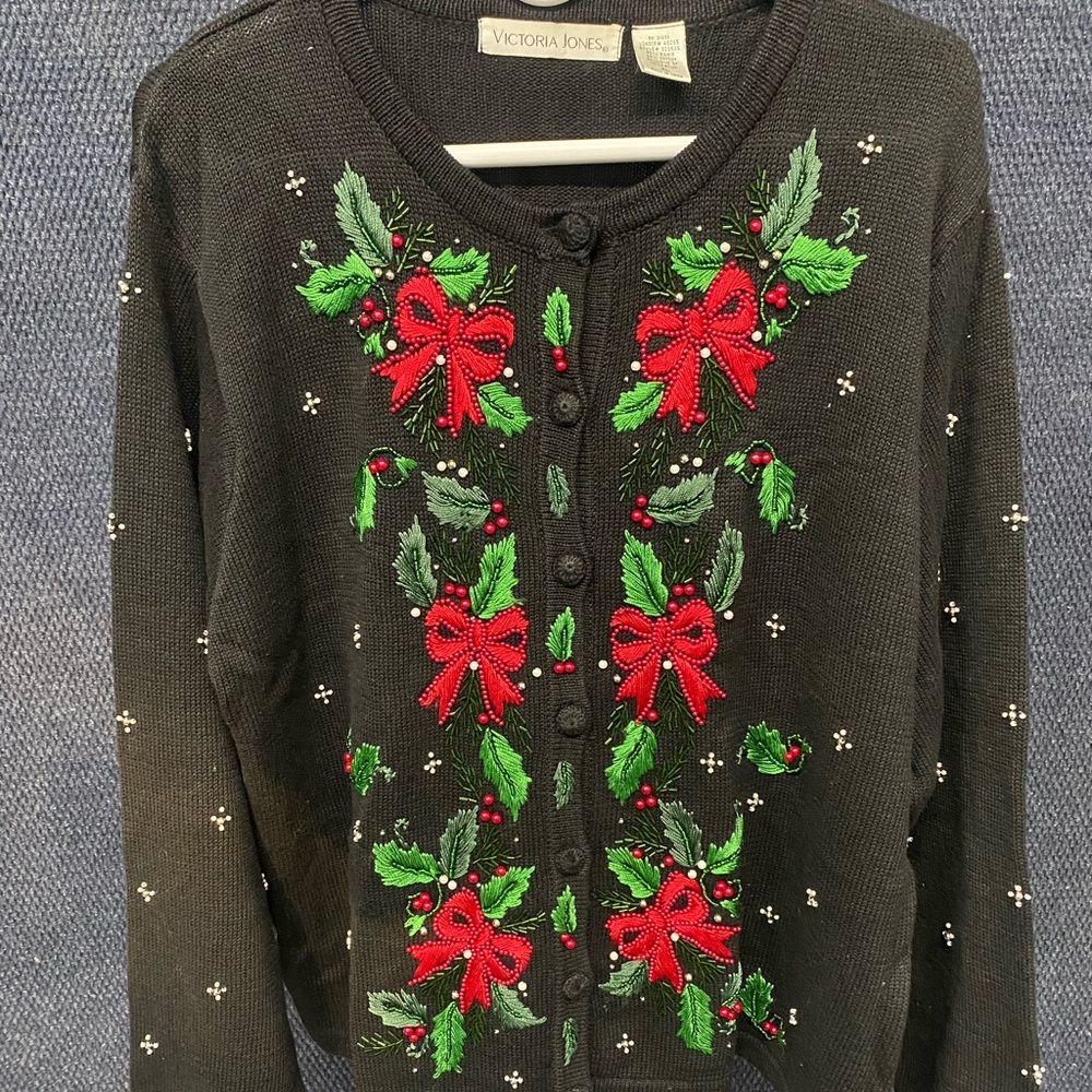 Victoria Jones Woman Black Cardigan with Red and Green Embroidery